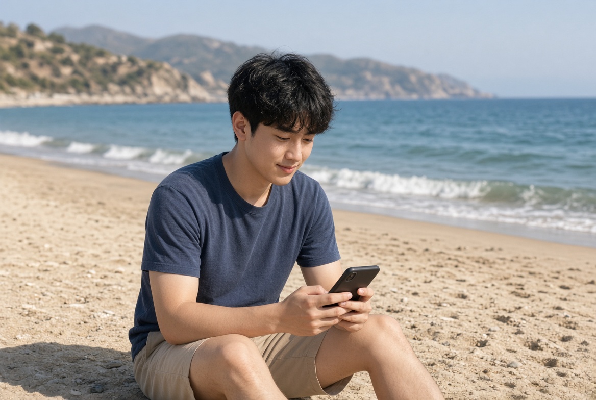 A man sitting outdoors by the water, using his phone at his own pace