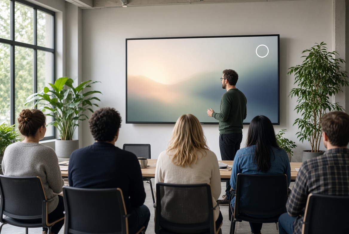 Employees in a bright room watching a presentation, seen from behind